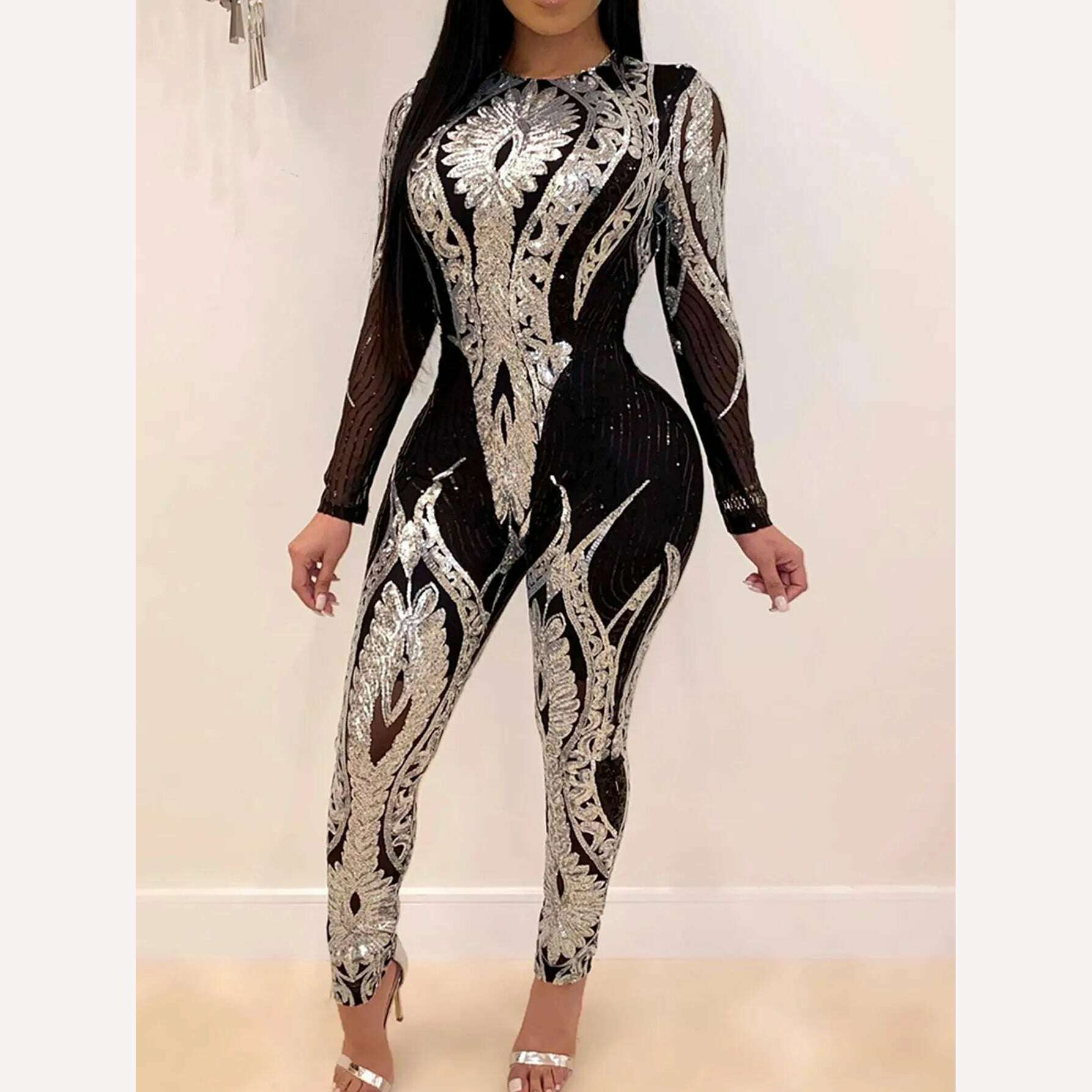KIMLUD, Sexy Long sleeve Sequin bodycon jumpsuit women body bodysuit one piece birthday party nightclub outfits womens jumpsuits overall, Silver / S, KIMLUD Women's Clothes
