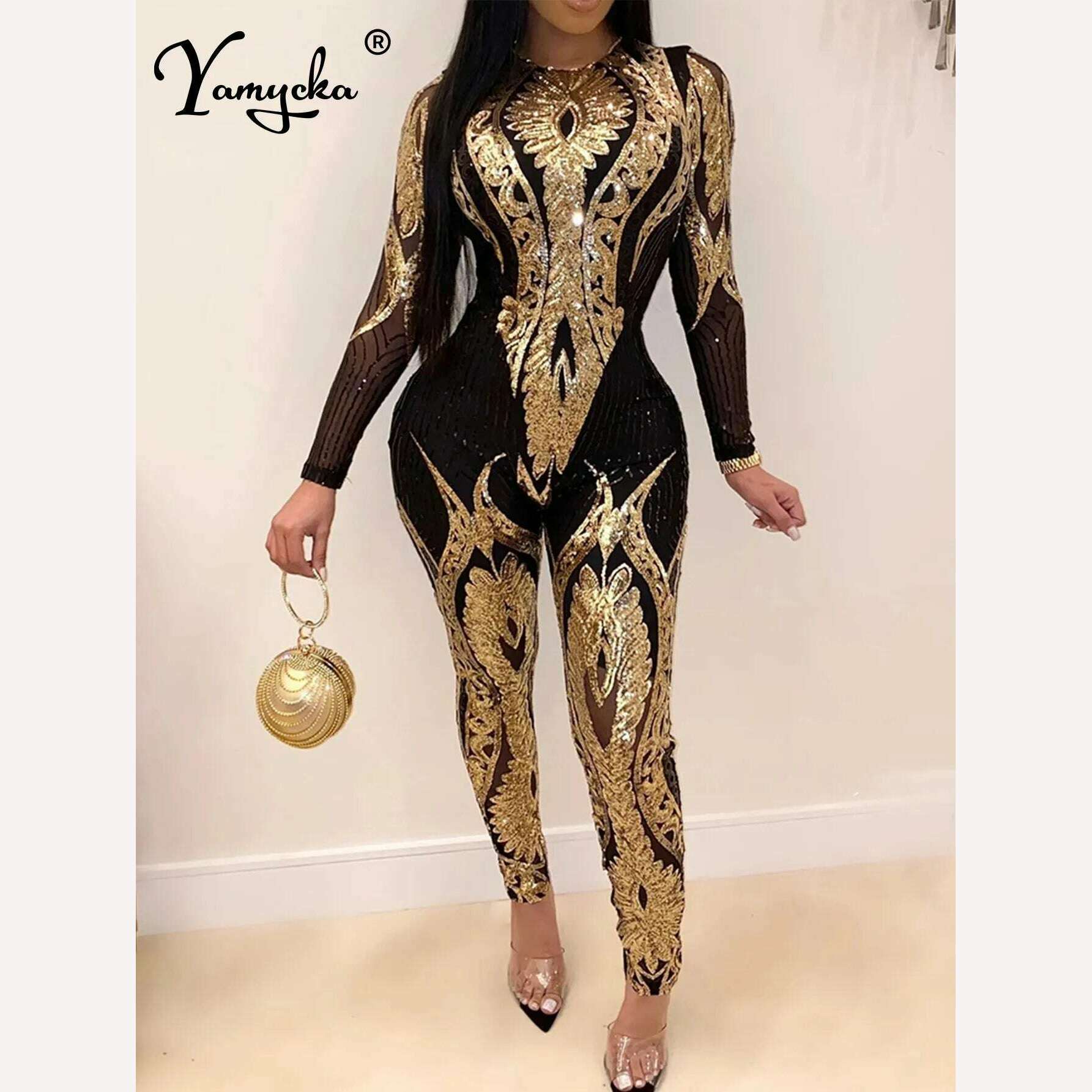 Sexy Long sleeve Sequin bodycon jumpsuit women body bodysuit one piece birthday party nightclub outfits womens jumpsuits overall - KIMLUD