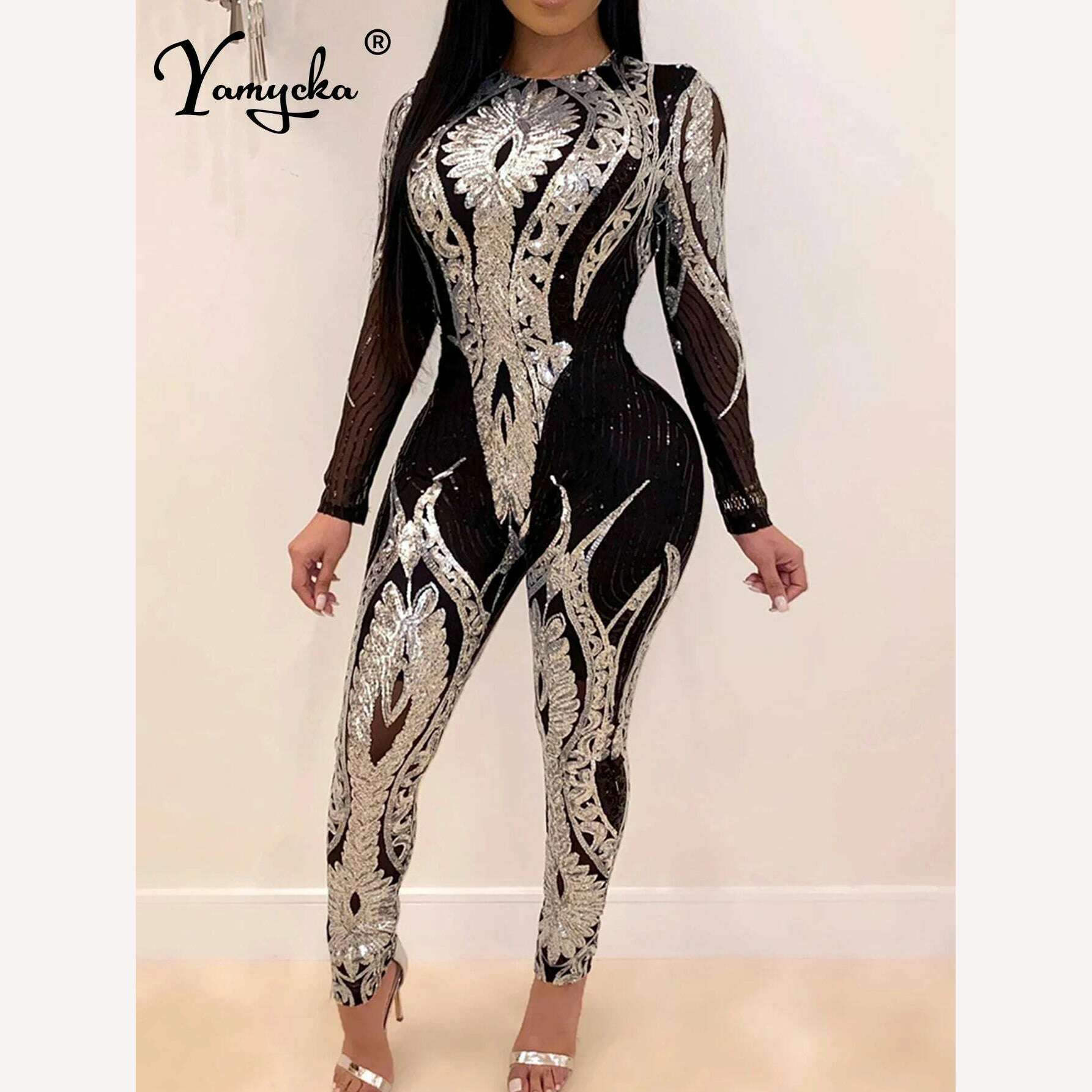 Sexy Long sleeve Sequin bodycon jumpsuit women body bodysuit one piece birthday party nightclub outfits womens jumpsuits overall - KIMLUD