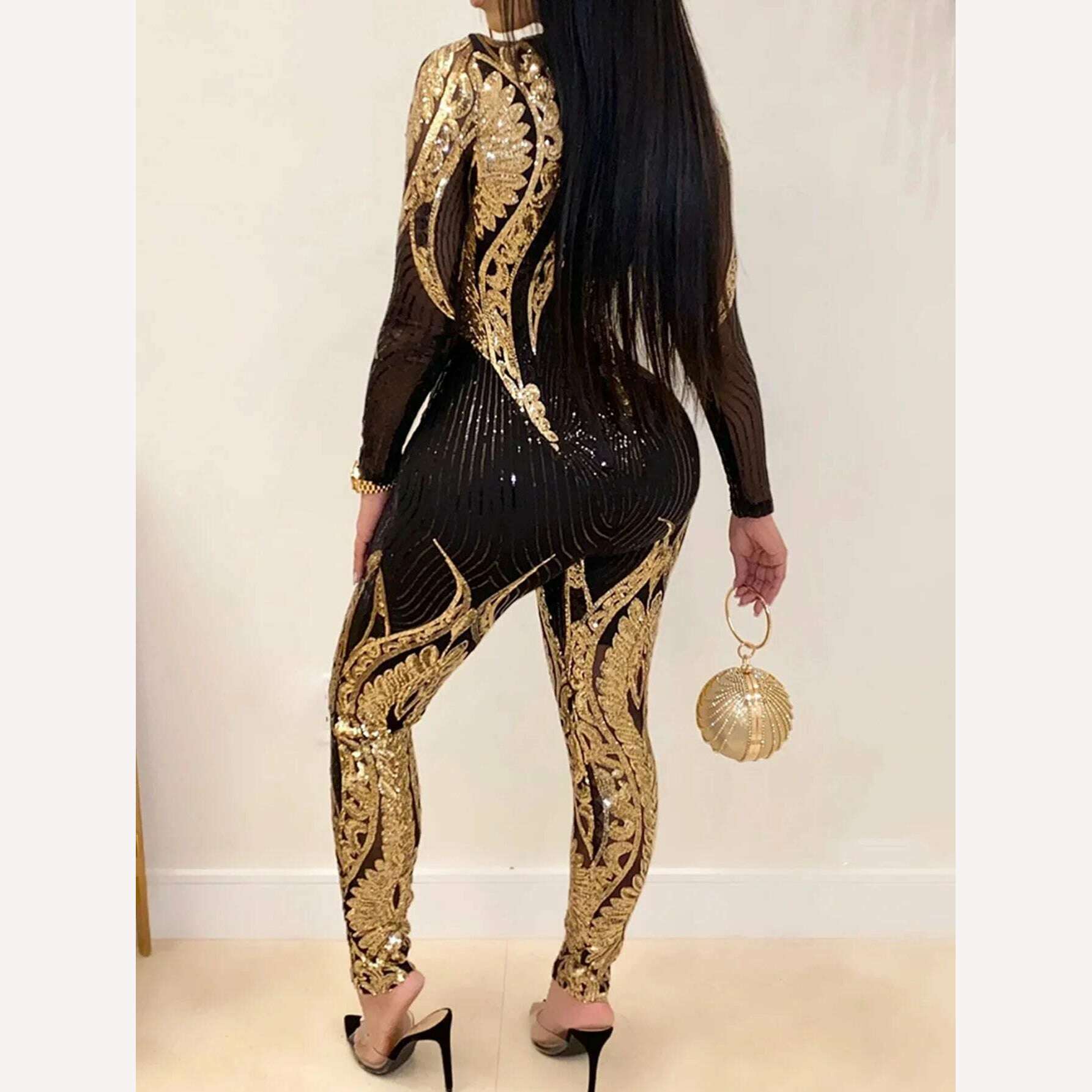 Sexy Long sleeve Sequin bodycon jumpsuit women body bodysuit one piece birthday party nightclub outfits womens jumpsuits overall - KIMLUD