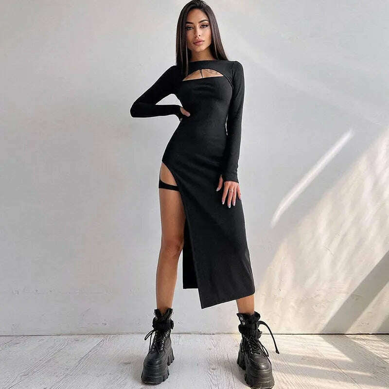 Sexy Maxi Dress Temperament Sexy Chest Hollow Leggings Split Fork Bag Hip Midi Dress Vestidos Korean Clothes for Women платье - KIMLUD