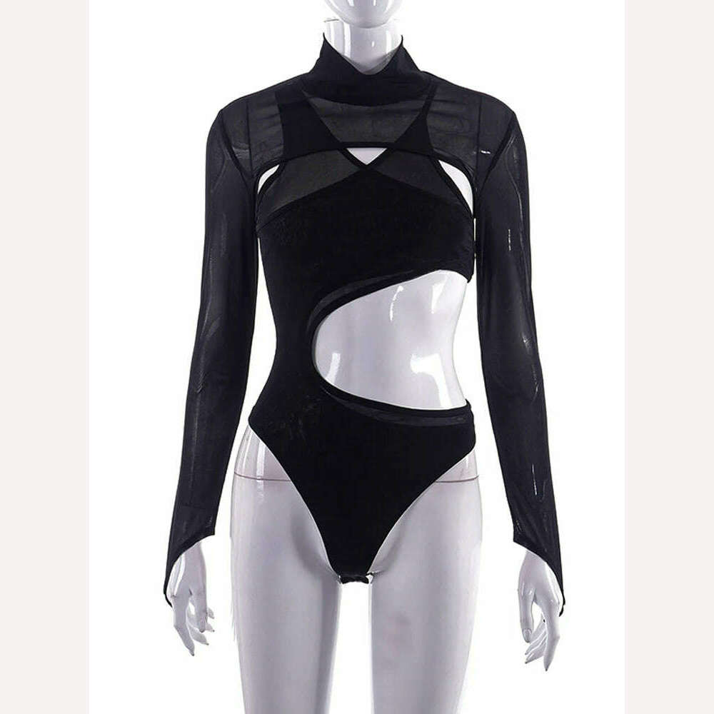 KIMLUD, Sexy Mesh Patchwork See Through Slim Bodysuits Women O Neck Long Sleeve Cut Out One Piece Rompers 2022 Spring Fall Outfits, KIMLUD Womens Clothes