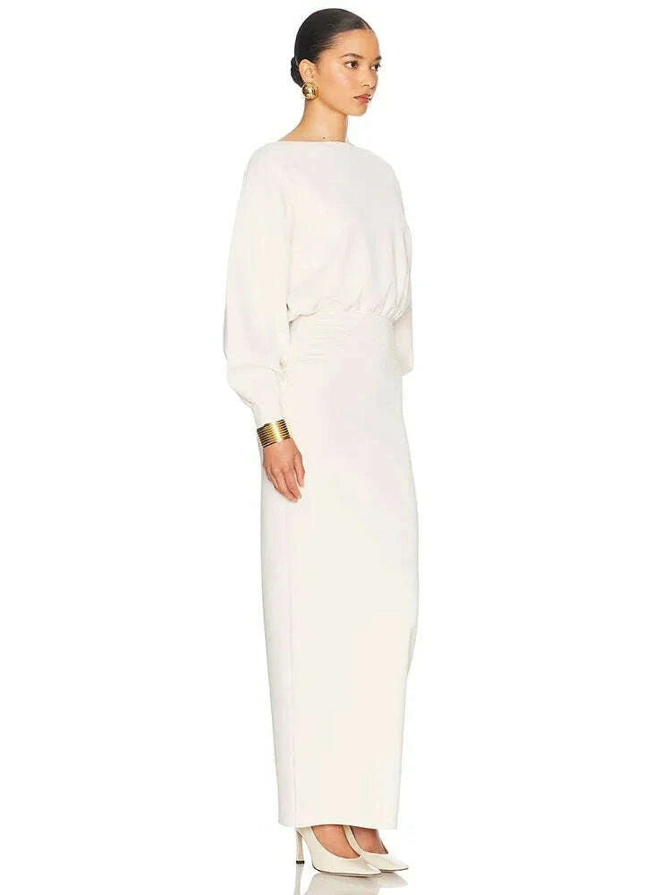 Sexy O Neck Long Sleeve Patchwork Maxi Bandage Dress Women White Winter Bodycon Long Runway Evening Club Party Dresses Outfits