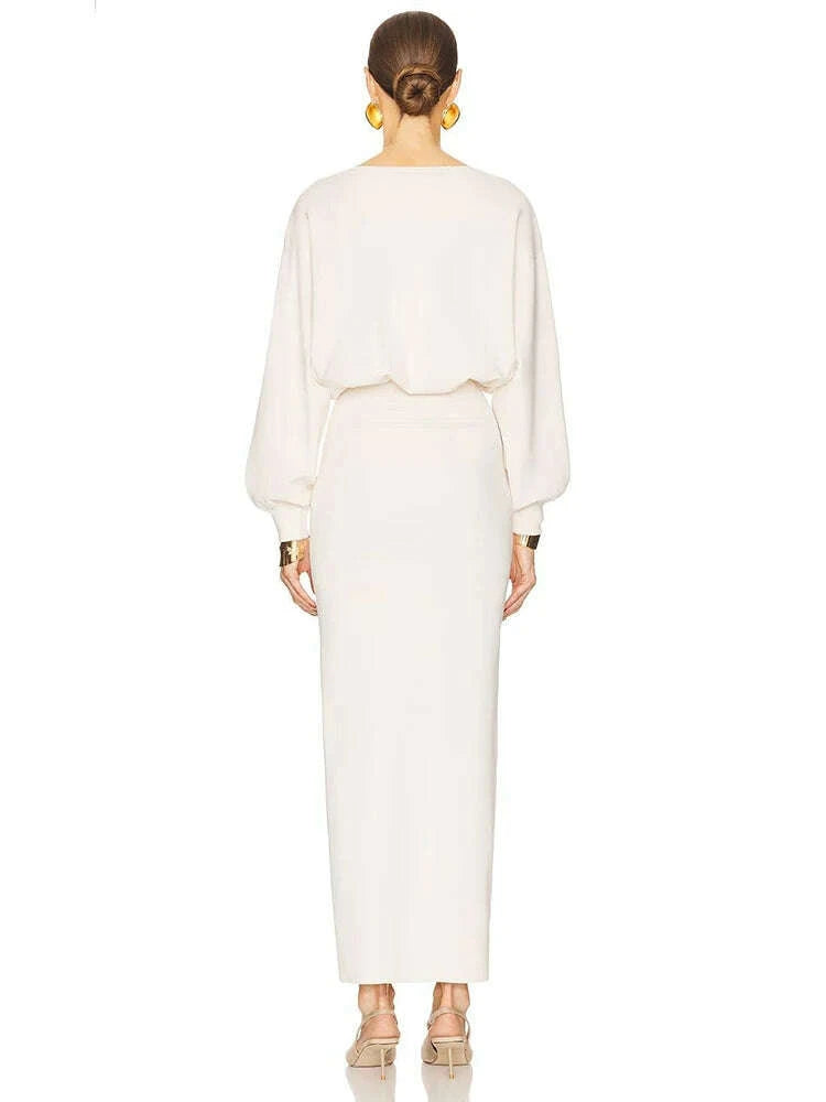 Sexy O Neck Long Sleeve Patchwork Maxi Bandage Dress Women White Winter Bodycon Long Runway Evening Club Party Dresses Outfits