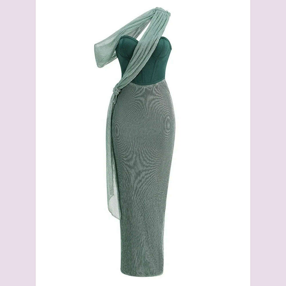 KIMLUD, Sexy One Shoulder Draped Glitter Long Dress Women Brown Corset Sparkly Backless Bodycon Maxi Dresses Evening Party Gowns, KIMLUD Womens Clothes