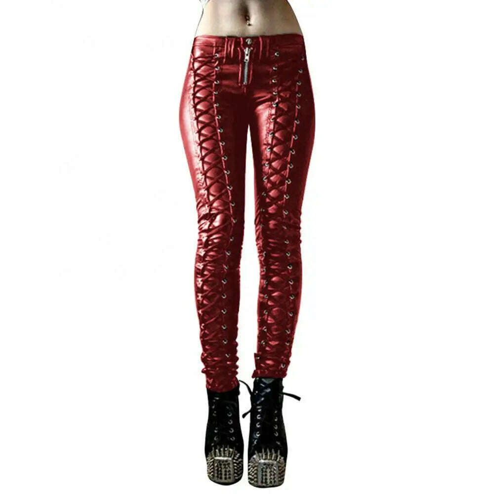 KIMLUD, Sexy Pant Steampunk Women Faux Leather Cosplay Pants Carnival Party Skinny Button Leggings Trousers Female Clothing, Red / 2XL, KIMLUD Womens Clothes