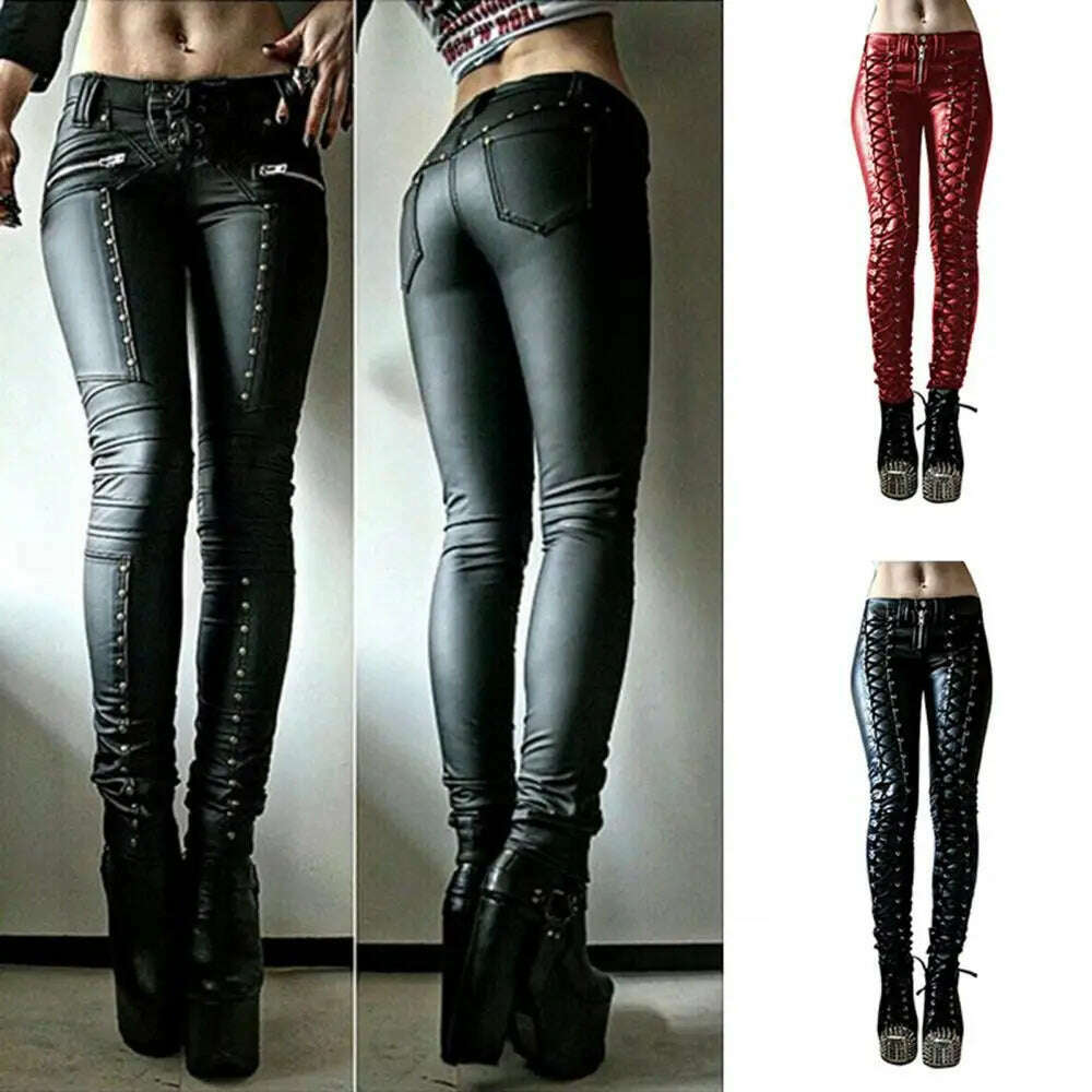 KIMLUD, Sexy Pant Steampunk Women Faux Leather Cosplay Pants Carnival Party Skinny Button Leggings Trousers Female Clothing, KIMLUD Womens Clothes