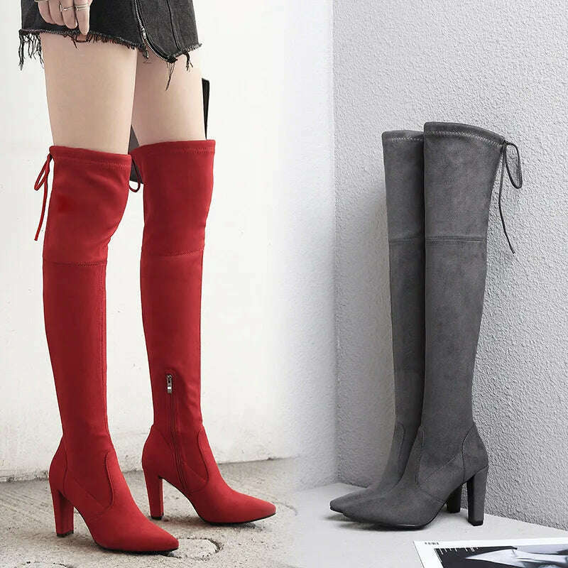 KIMLUD, Sexy Party Boots Fashion Suede Leather Shoes Women Over the Knee Heels Boots Stretch Flock Winter High Boots botas Drop Shipping, KIMLUD Womens Clothes