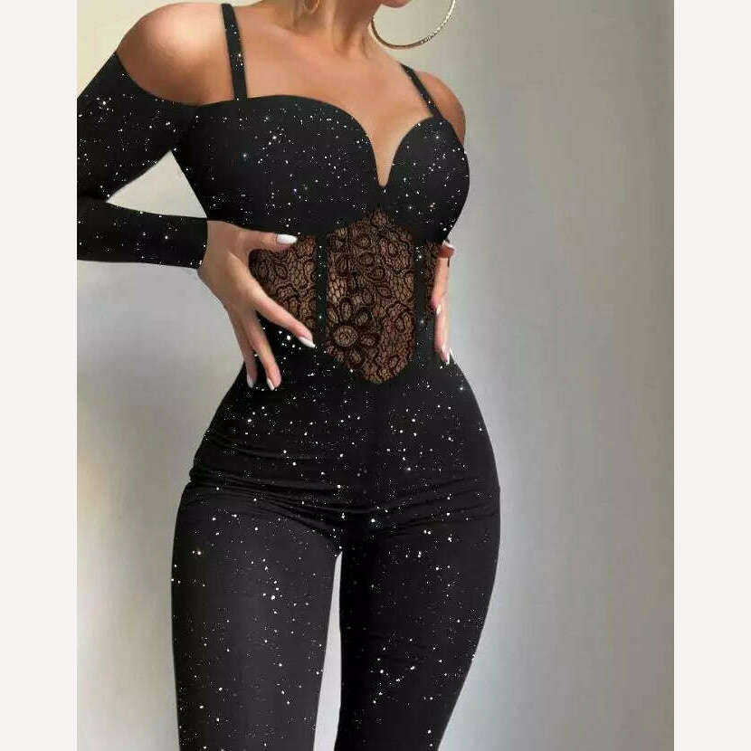 KIMLUD, Sexy Party Night Out Jumpsuit Women Elegance 2022 Plain Glitter Cold Shoulder Long Sleeve Contrast Lace Corset Skinny Jumpsuit, A / M, KIMLUD Womens Clothes