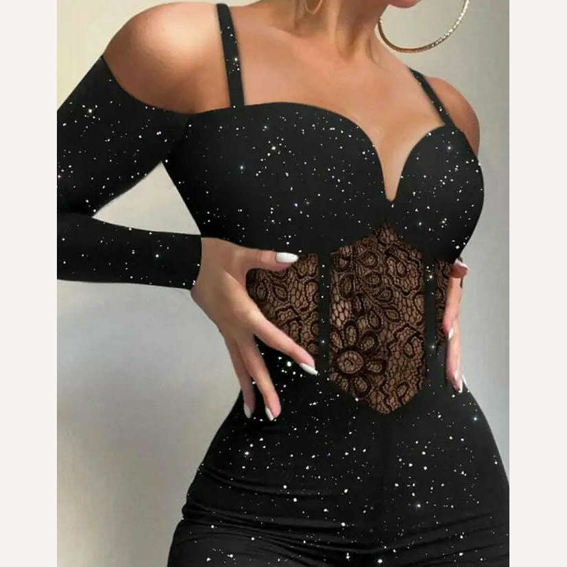 KIMLUD, Sexy Party Night Out Jumpsuit Women Elegance 2022 Plain Glitter Cold Shoulder Long Sleeve Contrast Lace Corset Skinny Jumpsuit, KIMLUD Womens Clothes