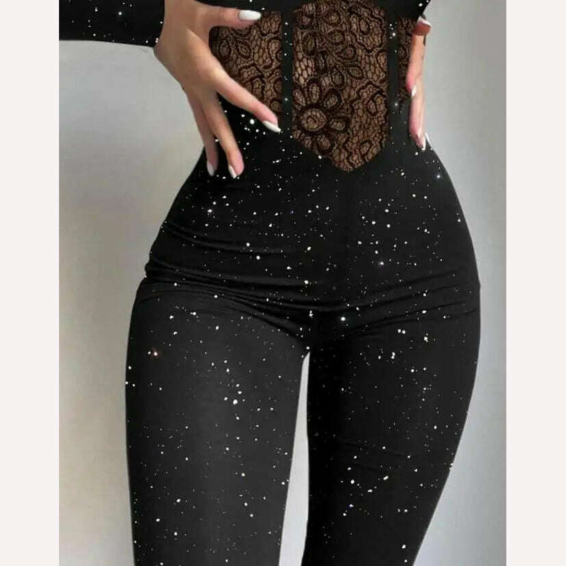 Sexy Party Night Out Jumpsuit Women Elegance 2022 Plain Glitter Cold Shoulder Long Sleeve Contrast Lace Corset Skinny Jumpsuit - KIMLUD