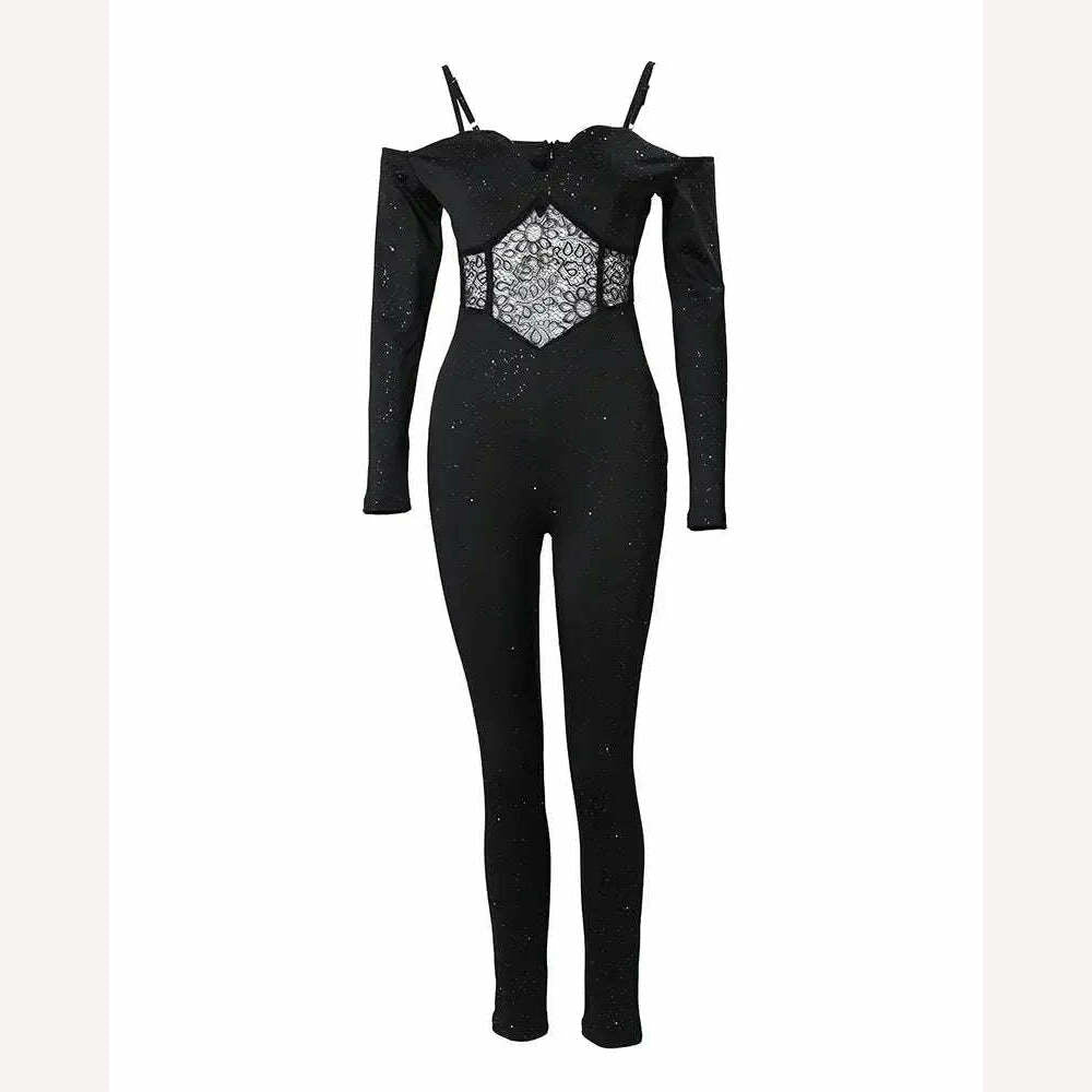 Sexy Party Night Out Jumpsuit Women Elegance 2022 Plain Glitter Cold Shoulder Long Sleeve Contrast Lace Corset Skinny Jumpsuit - KIMLUD
