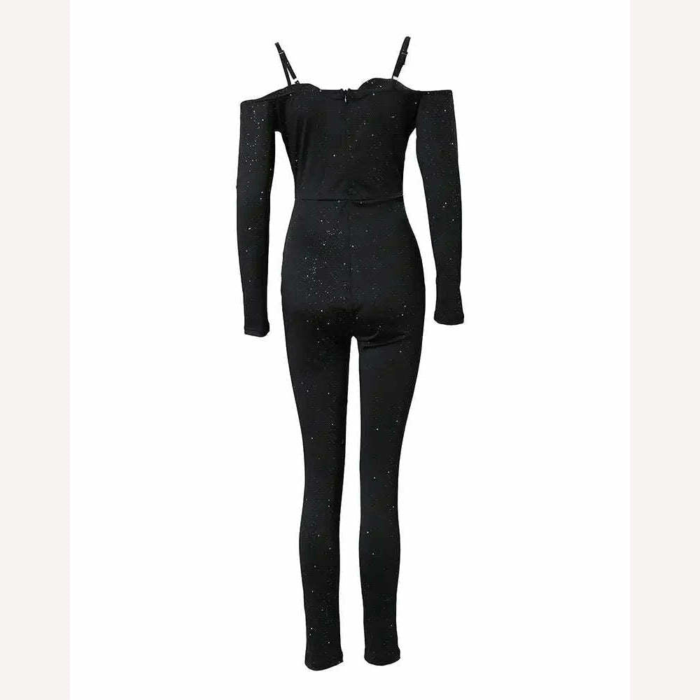 Sexy Party Night Out Jumpsuit Women Elegance 2022 Plain Glitter Cold Shoulder Long Sleeve Contrast Lace Corset Skinny Jumpsuit - KIMLUD