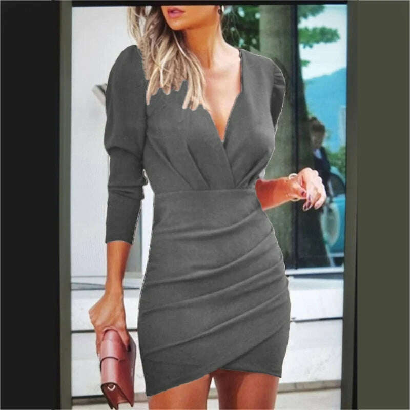 KIMLUD, Sexy Ruffle Bodycon Dresses Waisting Slimming V-Neck Outfits for Daily Formal Dropship, KIMLUD Womens Clothes