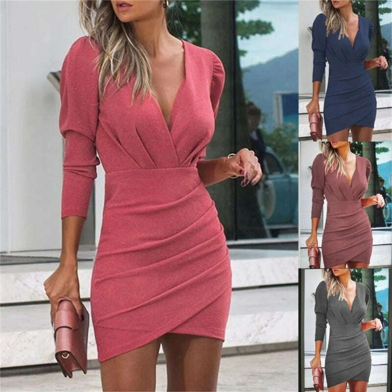 KIMLUD, Sexy Ruffle Bodycon Dresses Waisting Slimming V-Neck Outfits for Daily Formal Dropship, KIMLUD Womens Clothes