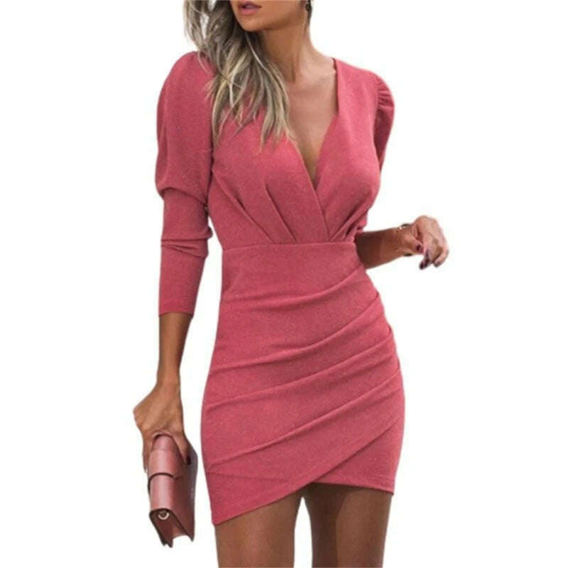 KIMLUD, Sexy Ruffle Bodycon Dresses Waisting Slimming V-Neck Outfits for Daily Formal Dropship, Pink / S, KIMLUD APPAREL - Womens Clothes