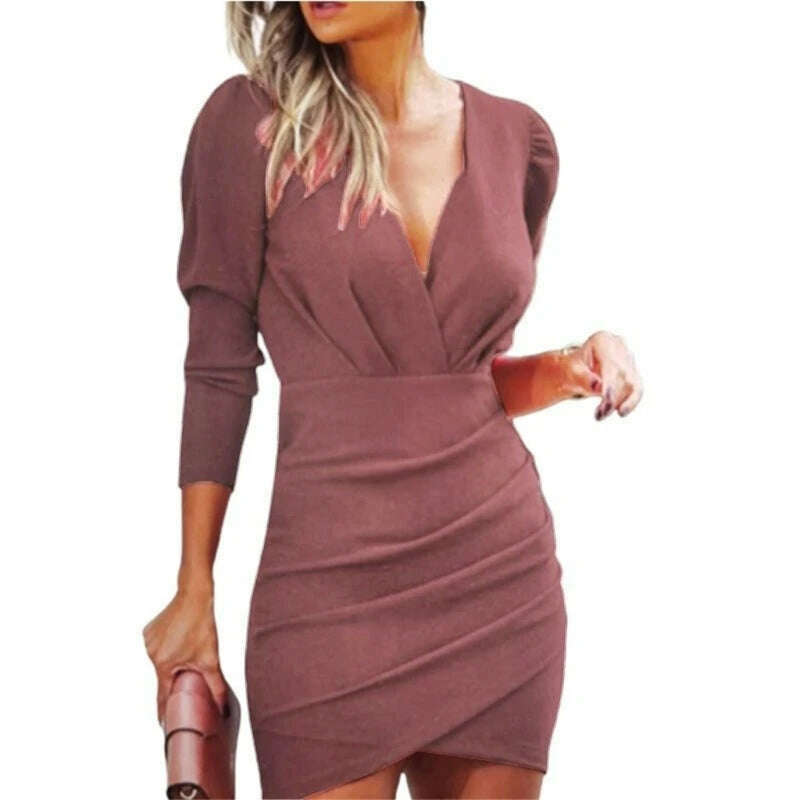 KIMLUD, Sexy Ruffle Bodycon Dresses Waisting Slimming V-Neck Outfits for Daily Formal Dropship, Burgundy / S, KIMLUD Womens Clothes