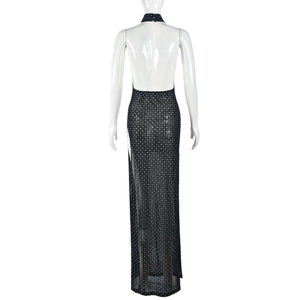 KIMLUD, Sexy See Through Mesh Black Dresses for Women Elegant Birthday Party Halter Backless Split Maxi Dress 2023 Spring Fall, KIMLUD Womens Clothes