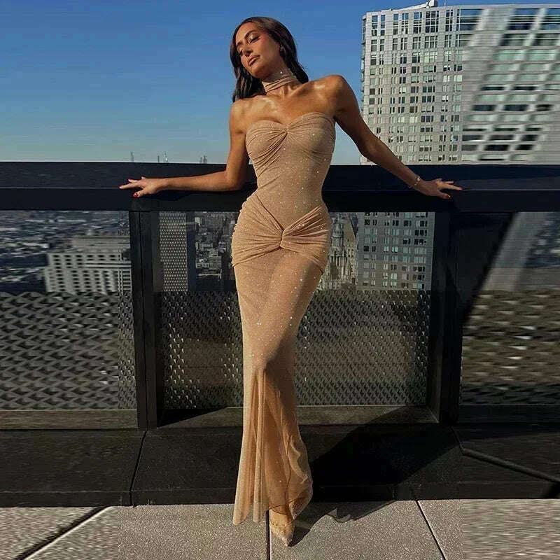 Sexy Sequin See Through Maxi Dress Women Strapless Slim Hip Wrap Evening Long Dresses 2024 Chic Lady Party Vestidos Club Robes - KIMLUD