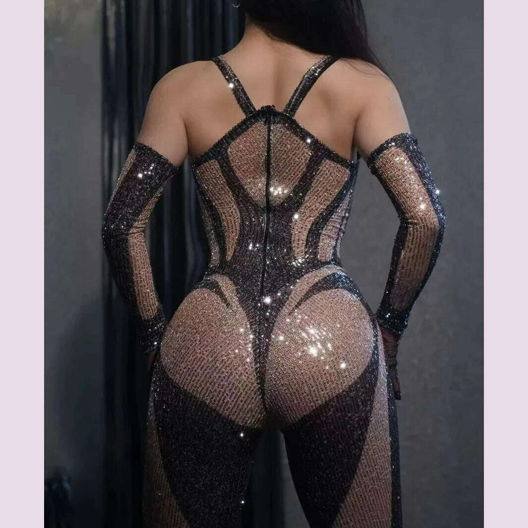 KIMLUD, Sexy Sequins Jumpsuit Gloves Sexy Birthday Party Nightclub Outfit Dancer Show Rompers Stage Wear Performance Dance Costume, KIMLUD Womens Clothes