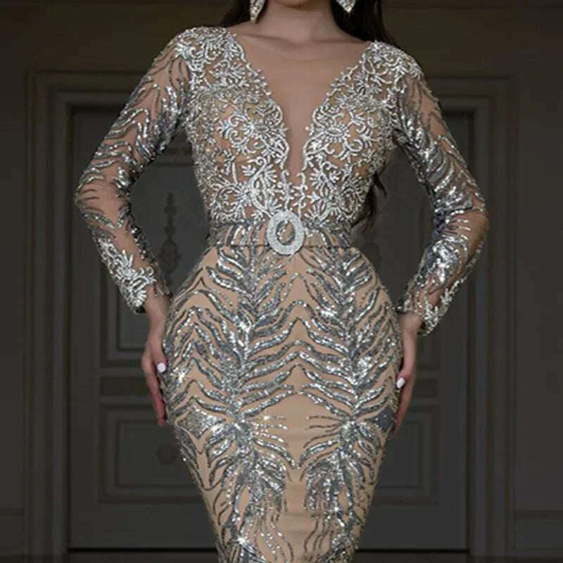 KIMLUD, Sexy Sequins Long Sleeve V Neck Graduation Party Dress Long Bodycon Robe Prom Gown Elegant Women Evening Floor Length Dress, KIMLUD Womens Clothes