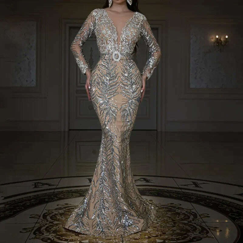 KIMLUD, Sexy Sequins Long Sleeve V Neck Graduation Party Dress Long Bodycon Robe Prom Gown Elegant Women Evening Floor Length Dress, KIMLUD Womens Clothes