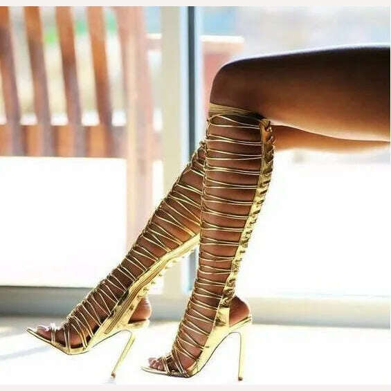 KIMLUD, Sexy Shiny Strappy Black Gold Cross Tie Knee High Woman Gladiator Long Sandals Boots Female Cuts Out Thin Heels Summer Boots, KIMLUD Women's Clothes