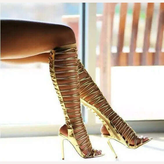 KIMLUD, Sexy Shiny Strappy Black Gold Cross Tie Knee High Woman Gladiator Long Sandals Boots Female Cuts Out Thin Heels Summer Boots, KIMLUD Womens Clothes