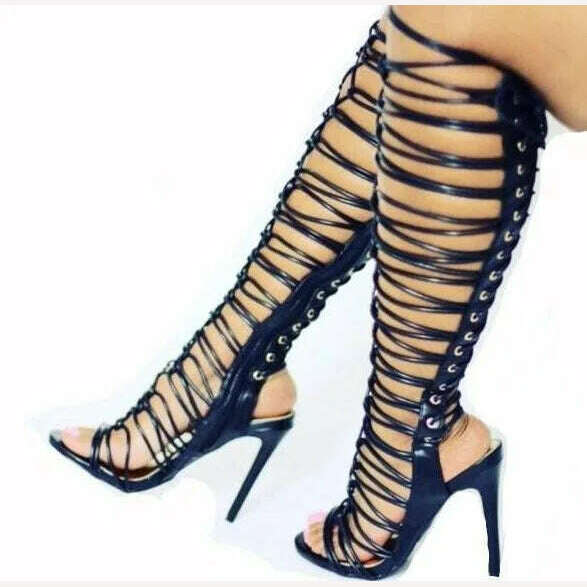 KIMLUD, Sexy Shiny Strappy Black Gold Cross Tie Knee High Woman Gladiator Long Sandals Boots Female Cuts Out Thin Heels Summer Boots, as picture 1 / 5, KIMLUD Womens Clothes