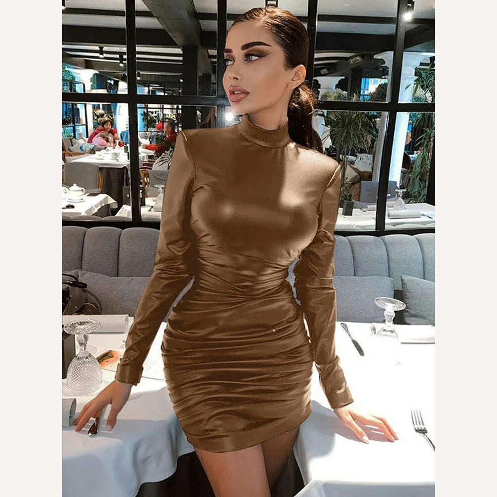 KIMLUD, Sexy Silm Soild High Collar Leather Bodycon Dress For Women Clothes Office Lady Casual Outfit Long Sleeve Hot Vestidos De Mujer, KIMLUD Womens Clothes