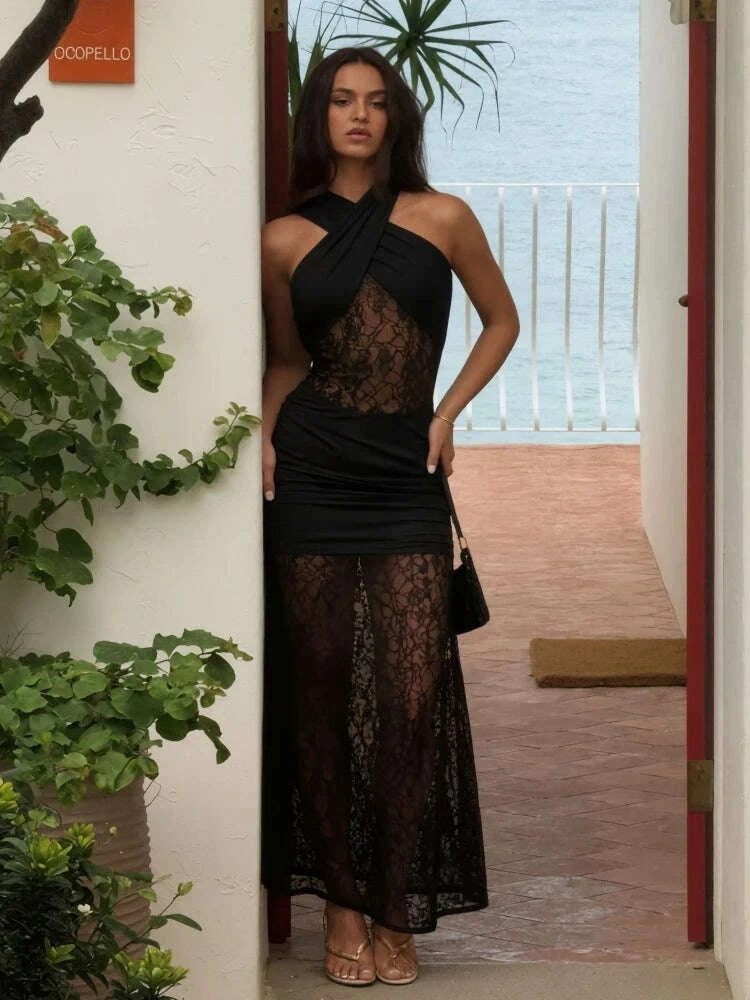 Sexy Sleeveless Halter Lace Patchwork Maxi Dress for Women Black Backless Ruched Elegant Dresses Celebrity Evening Party Gown
