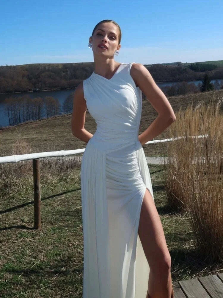 Sexy Sleeveless O Neck Draped High Split Long Dress Women White Elegant Summer Folds Bodycon Celebrity Club Evening Party Gowns