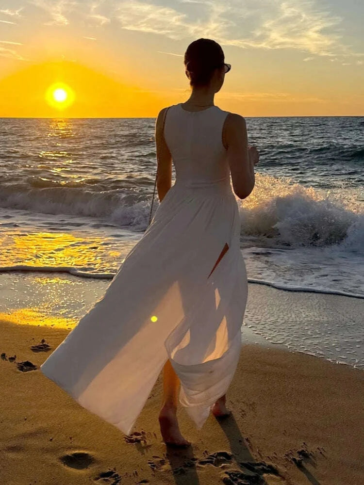Sexy Sleeveless O Neck Draped High Split Long Dress Women White Elegant Summer Folds Bodycon Celebrity Club Evening Party Gowns