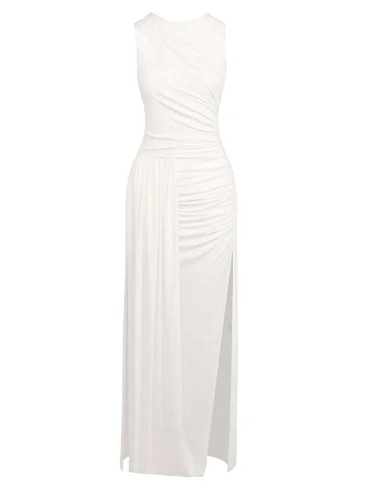 Sexy Sleeveless O Neck Draped High Split Long Dress Women White Elegant Summer Folds Bodycon Celebrity Club Evening Party Gowns