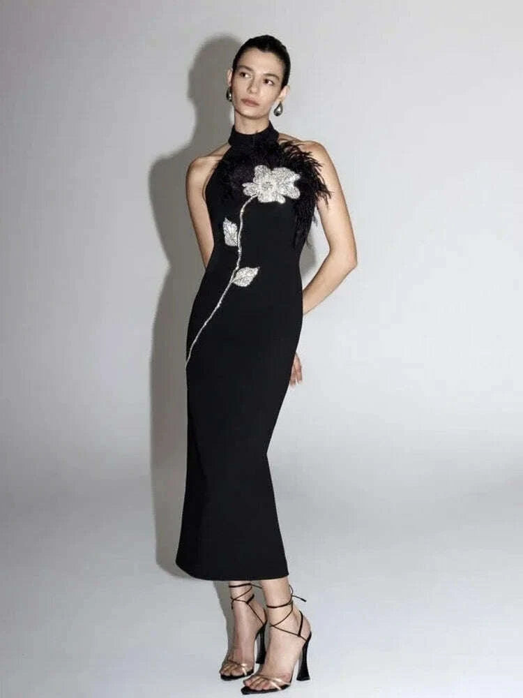 Sexy Sleeveless O Neck Luxury Floral Diamonds Feather Patchwork Bandage Dress Women Black Backless Bodycon Evening Party Dresses