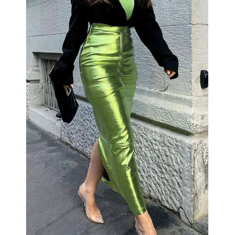 KIMLUD, Sexy Sparkly Slit Long Skirts Women High Waist Metallic Green Slim Maxi Skirt 2023 Summer Harajuku Elegant Fairy Grunge Clothes, KIMLUD Womens Clothes