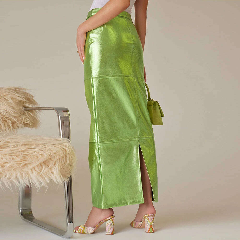 KIMLUD, Sexy Sparkly Slit Long Skirts Women High Waist Metallic Green Slim Maxi Skirt 2023 Summer Harajuku Elegant Fairy Grunge Clothes, KIMLUD Womens Clothes