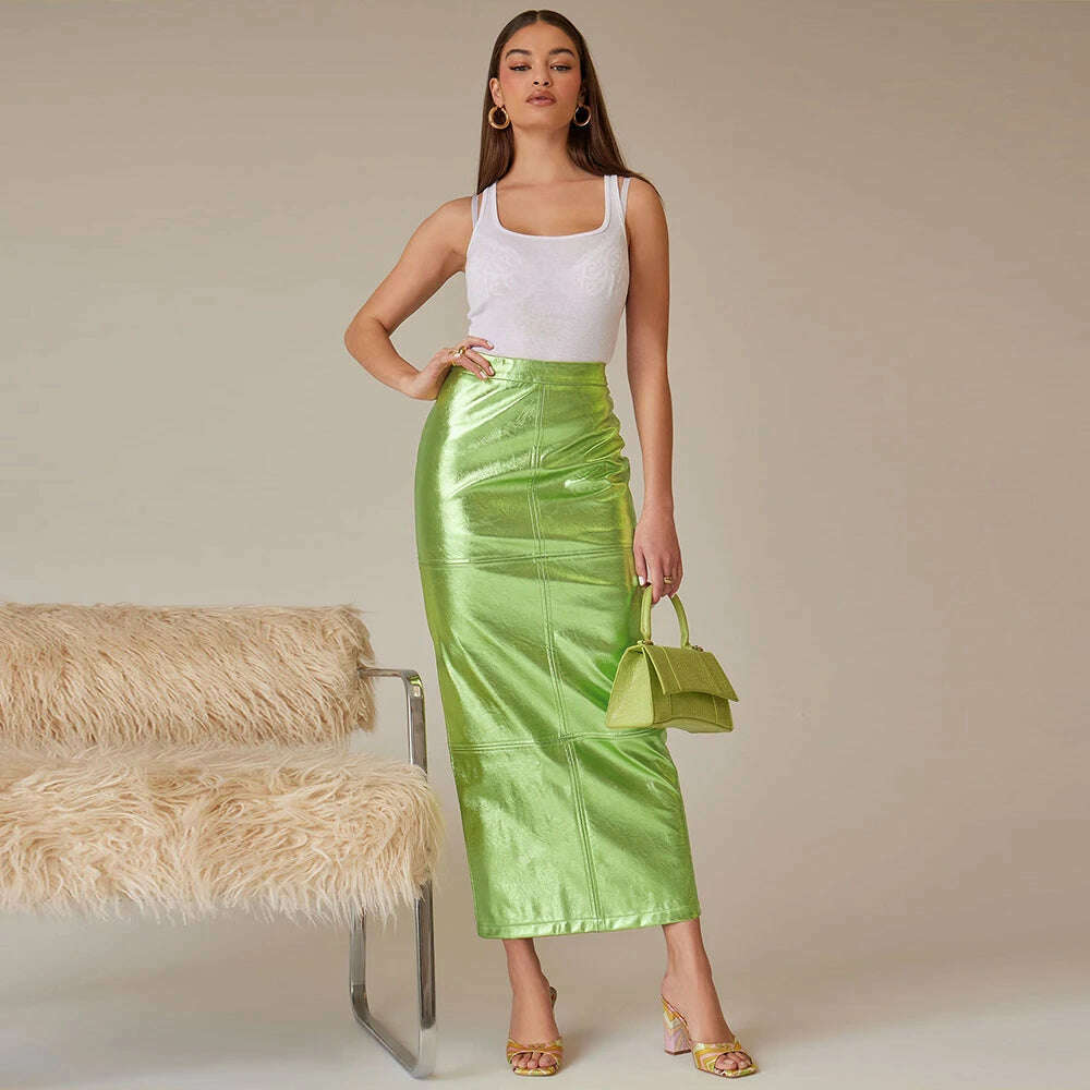 KIMLUD, Sexy Sparkly Slit Long Skirts Women High Waist Metallic Green Slim Maxi Skirt 2023 Summer Harajuku Elegant Fairy Grunge Clothes, KIMLUD Womens Clothes