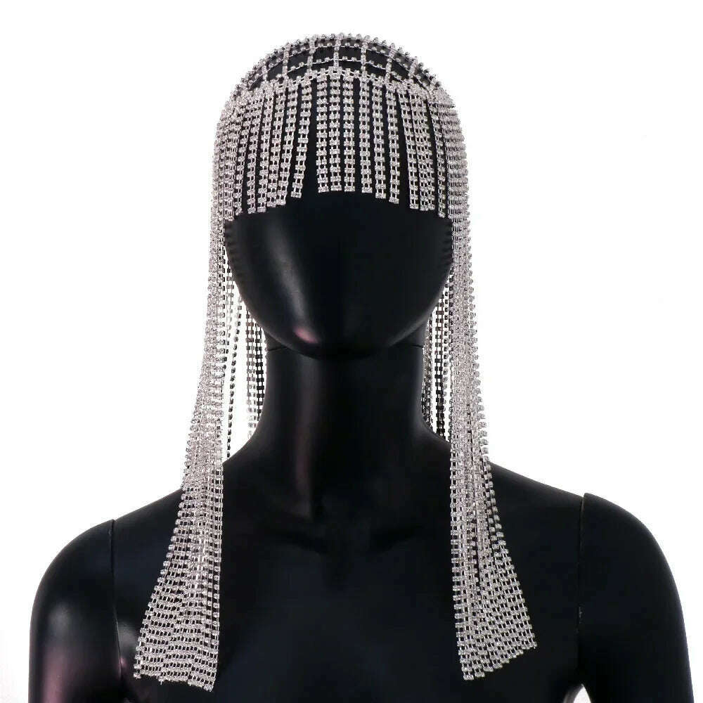 Sexy Stage Costume Rhinestone Tassel Wig Headpiece Head Ornament for Women Nightclub Crystal Forehead Headband Hat Cap Jewelry - KIMLUD
