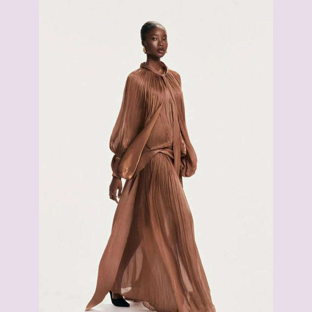 KIMLUD, Sexy Stand Collar Long Sleeve Hollow Out Long Dress Women Brown Balck Lantern Sleeve Backless Loose Dresses Party Evening Club, KIMLUD Womens Clothes