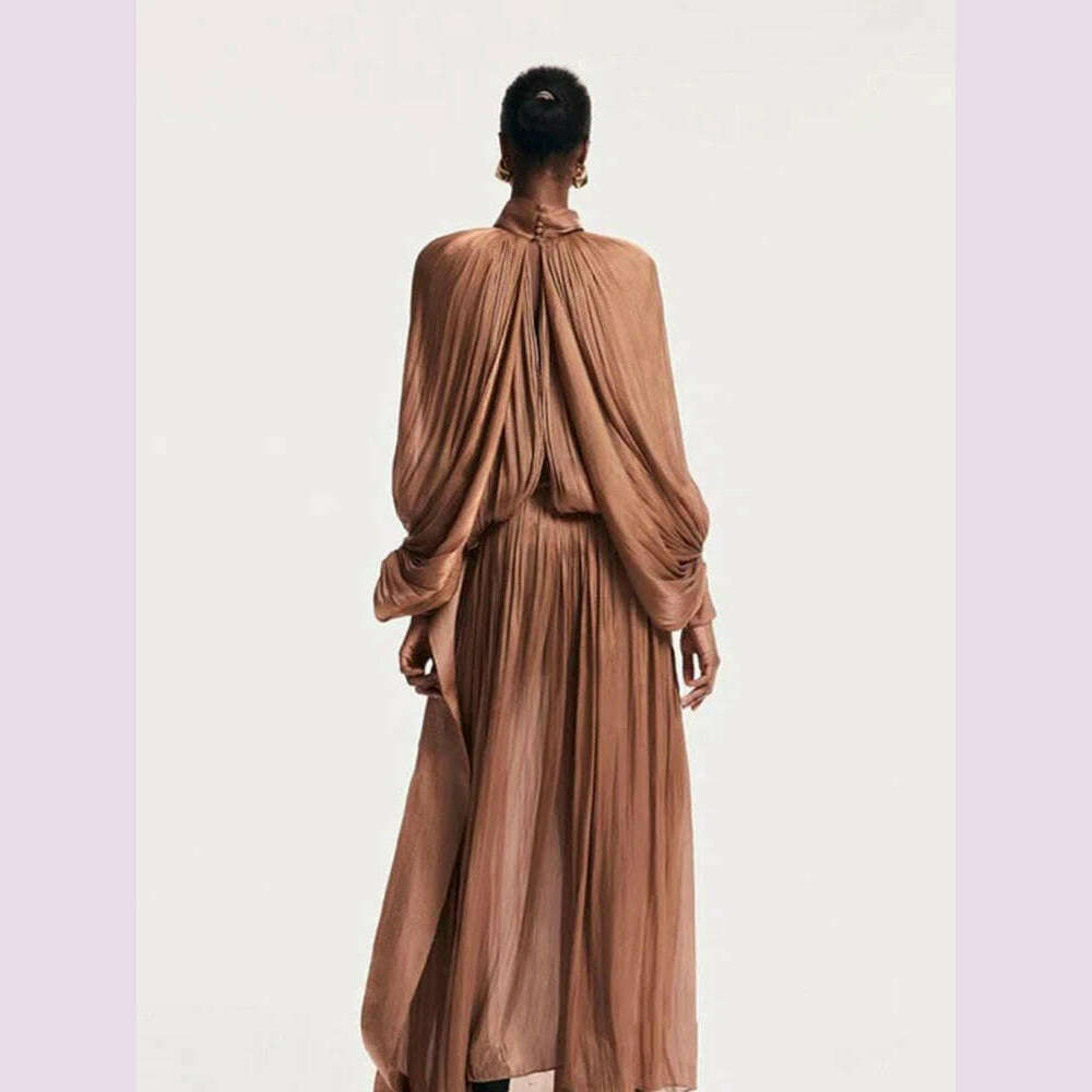 KIMLUD, Sexy Stand Collar Long Sleeve Hollow Out Long Dress Women Brown Balck Lantern Sleeve Backless Loose Dresses Party Evening Club, KIMLUD Womens Clothes
