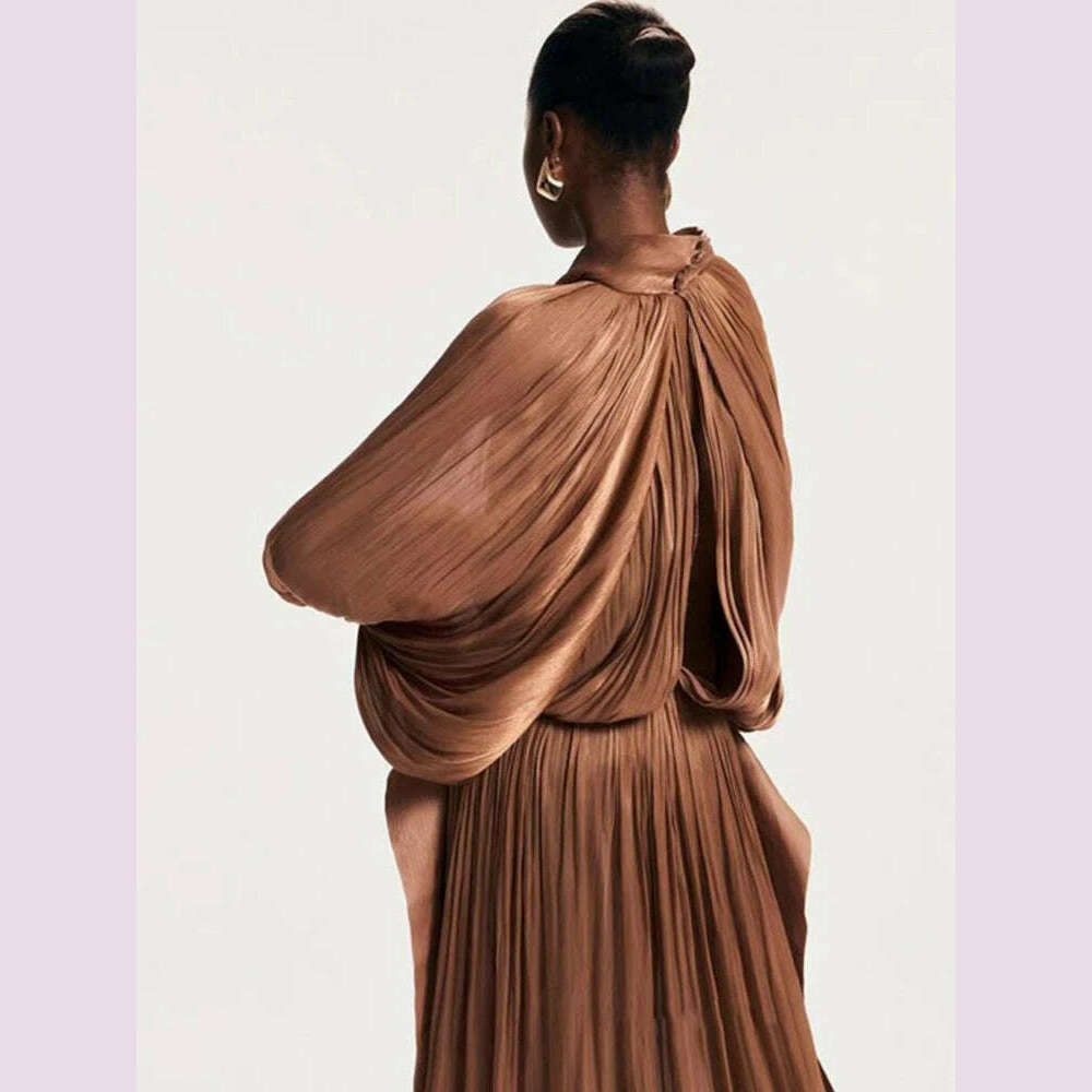 KIMLUD, Sexy Stand Collar Long Sleeve Hollow Out Long Dress Women Brown Balck Lantern Sleeve Backless Loose Dresses Party Evening Club, KIMLUD Womens Clothes