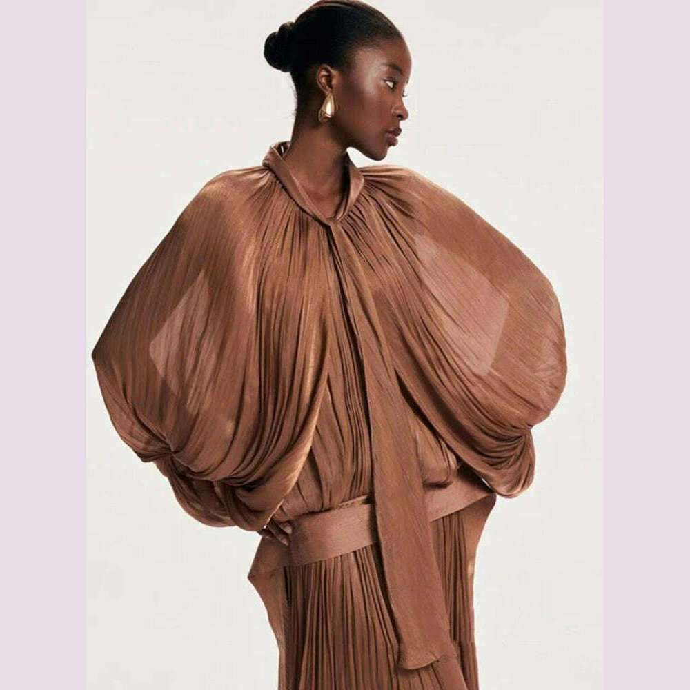 KIMLUD, Sexy Stand Collar Long Sleeve Hollow Out Long Dress Women Brown Balck Lantern Sleeve Backless Loose Dresses Party Evening Club, KIMLUD Womens Clothes
