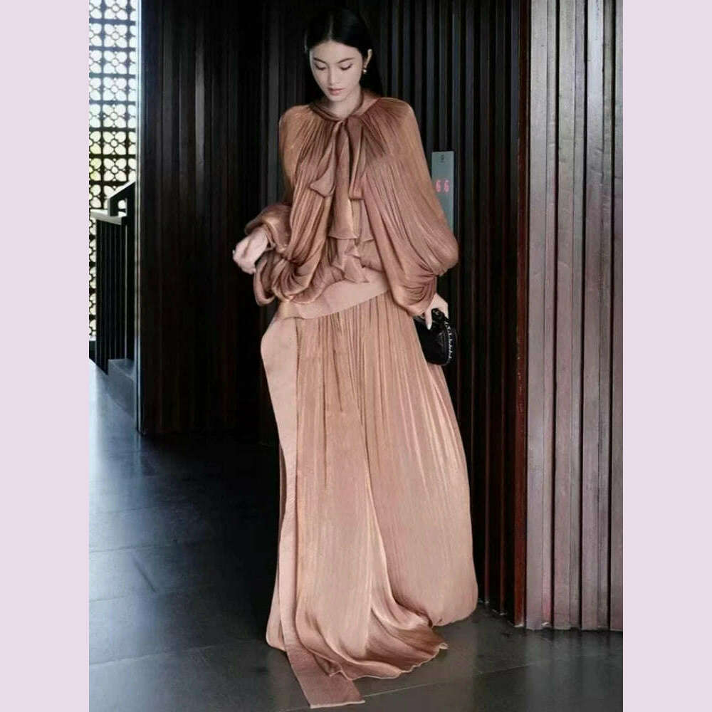 KIMLUD, Sexy Stand Collar Long Sleeve Hollow Out Long Dress Women Brown Balck Lantern Sleeve Backless Loose Dresses Party Evening Club, KIMLUD Womens Clothes
