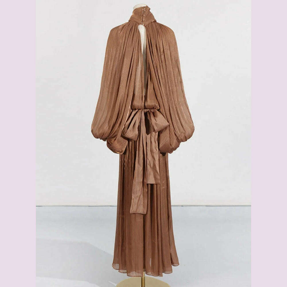 KIMLUD, Sexy Stand Collar Long Sleeve Hollow Out Long Dress Women Brown Balck Lantern Sleeve Backless Loose Dresses Party Evening Club, KIMLUD Womens Clothes