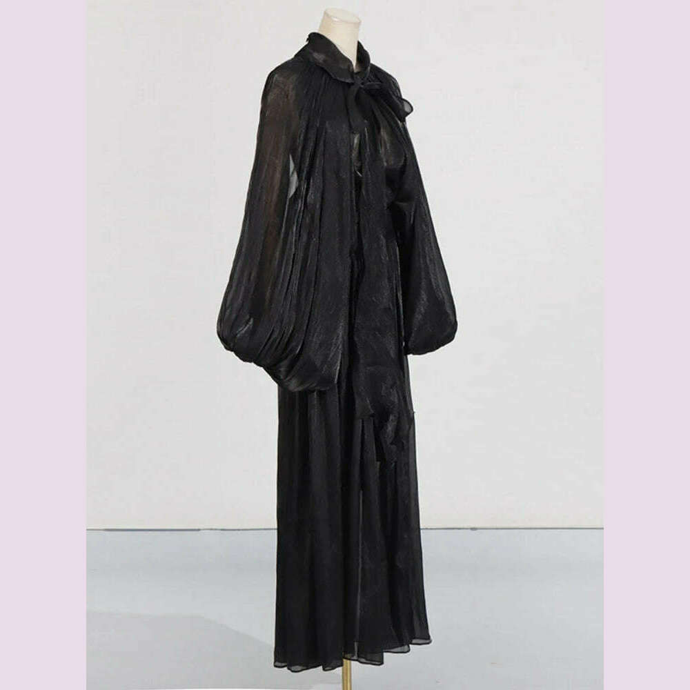 KIMLUD, Sexy Stand Collar Long Sleeve Hollow Out Long Dress Women Brown Balck Lantern Sleeve Backless Loose Dresses Party Evening Club, KIMLUD Womens Clothes