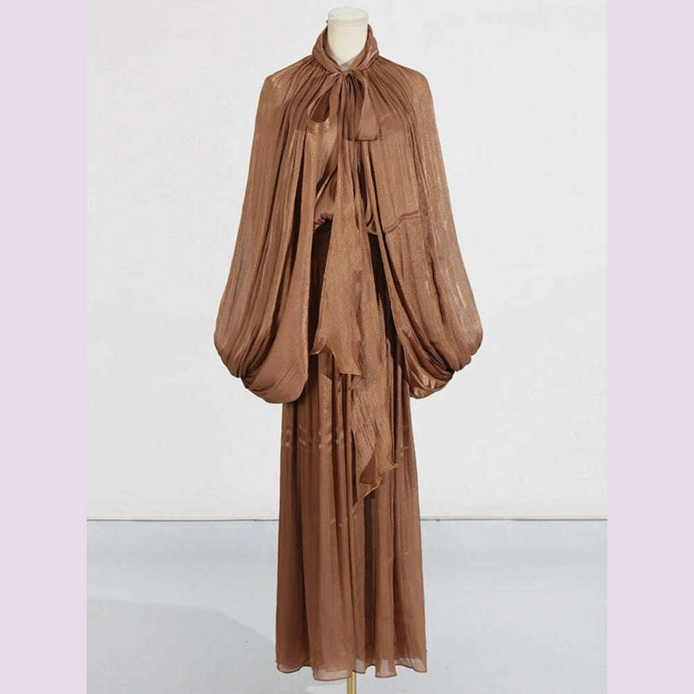 KIMLUD, Sexy Stand Collar Long Sleeve Hollow Out Long Dress Women Brown Balck Lantern Sleeve Backless Loose Dresses Party Evening Club, Brown / M, KIMLUD APPAREL - Womens Clothes