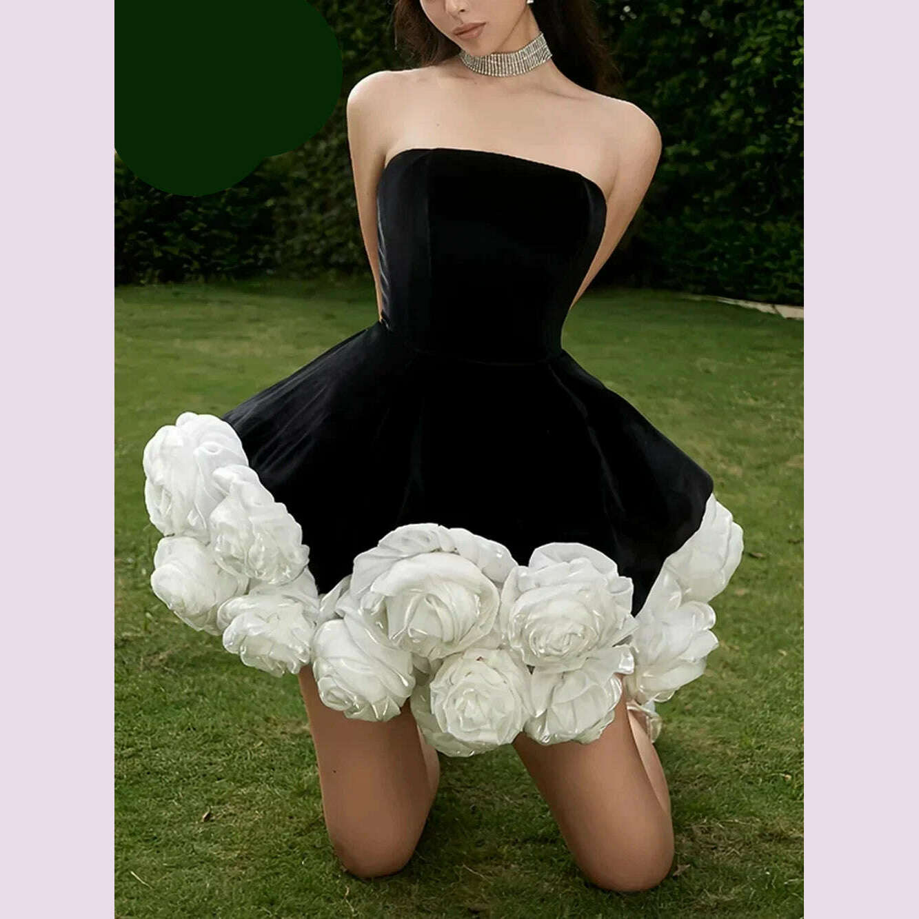 KIMLUD, Sexy Strapless 3D Flower A-Line Mini Dress Women SleevelessFloral Slim Velvet Dresses Elegant Evening Party Cocktail Gown, black / S, KIMLUD APPAREL - Womens Clothes