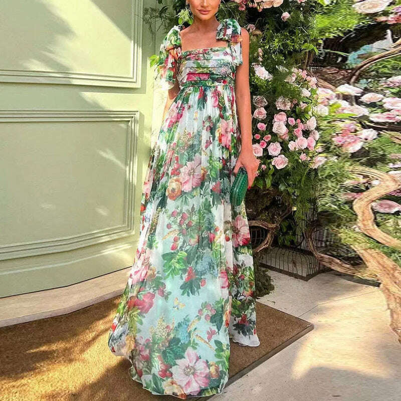 Sexy Summer Party Dress Women Fashion Bow Straps High Waist Pleated Beach Dress Chiffon Casual Floral Print Bohemian Long Dress - KIMLUD