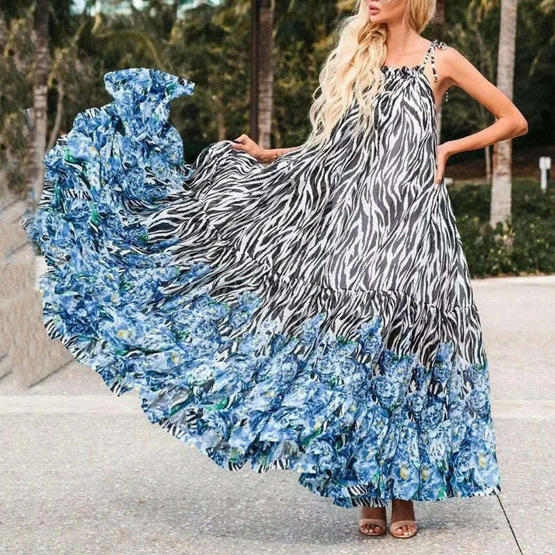 Sexy Summer Party Dress Women Fashion Bow Straps High Waist Pleated Beach Dress Chiffon Casual Floral Print Bohemian Long Dress - KIMLUD